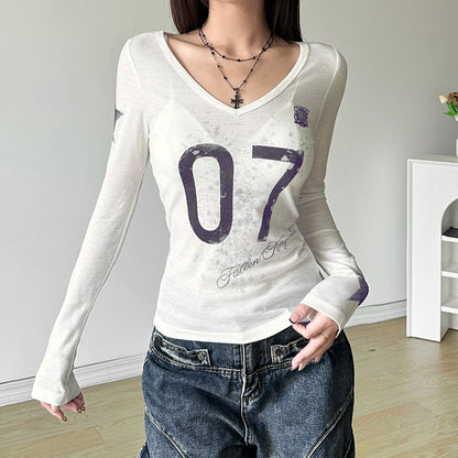 Autumn Sexy See through Slim Fit V neck Printed Long Sleeved T shirt Top Women Clothing - Wanita Store
