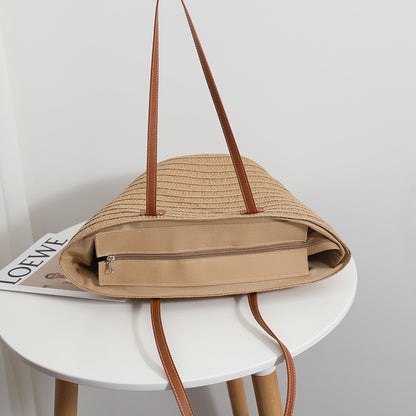 Simple Shoulder Straw Bag Large Capacity Straw Bag Woven Bag Tote Bag Women Seaside Vacation Beach Bag - Wanita Store