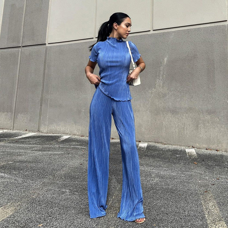 Spring Slimming T shirt High Waist Blue Pleated Wide Leg Pants Casual Women Clothing Fashion Suit