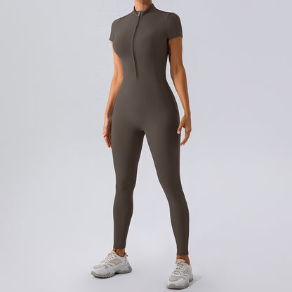 Zipper Short Sleeve Nude Feel Yoga Jumpsuit Women Outer Wear Workout Exercise Pants One Piece Tights - Wanita Store