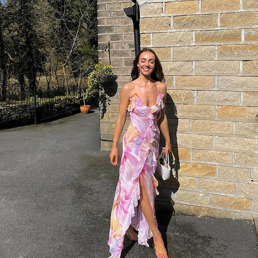 Summer Trends Women V neck Brace Printed Sheath Backless Sexy Dress