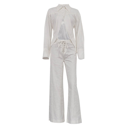 Women Collared Long Sleeves Cropped Design White Shirt Hollow Out Cutout out Tied Wide Leg Pants Two Piece Set - Wanita Store
