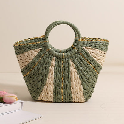 Golden Silk Thread Portable Straw Weaved Bag Large Capacity Tote Vegetable Basket Bag Vacation Beach Bag Hand Carrying Woven Bag - Wanita Store