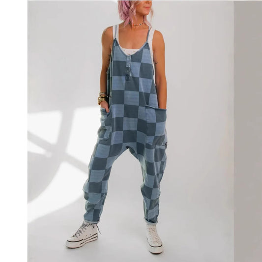 Women Clothing Printed Checks Casual with Big Pockets Jumpsuit Backless Loose
