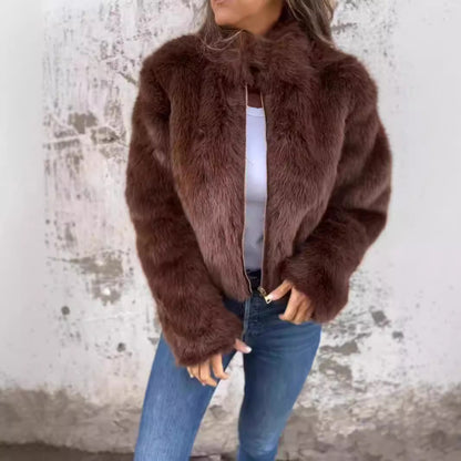 Women Clothing Women Autumn Winter Faux Fur Turtleneck Zipper Casual Top Coat - Wanita Store