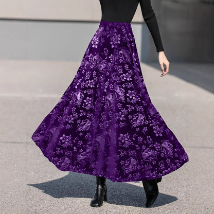 Autumn Winter Elegant High Grade Large Swing Skirt Printed Velvet Skirt Women Clothing - Wanita Store