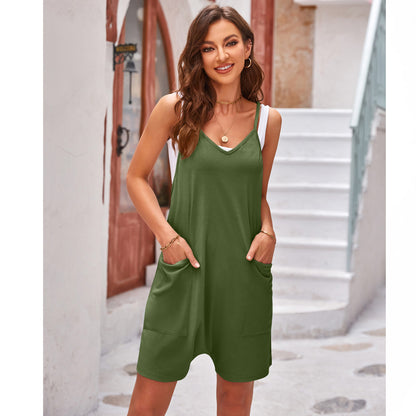 Women Clothing Summer Casual Pocket Spaghetti Straps Knitted Shorts Jumpsuit Suspender Pants Women - Wanita Store