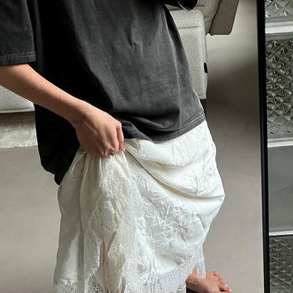 Autumn Slimming Elastic Waist A Line Skirt Pleated Irregular Asymmetric Mid Length Lace Stitching Skirt - Wanita Store