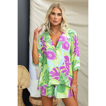 Spring Summer Polo Collar Casual Multi Color Suit Loose Vacation Elastic Waist Two Piece Set - Wanita Store