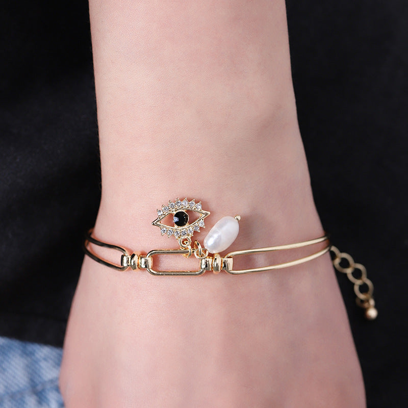 Metal Gold Plated Movable Adjustable Bracelet Pearl Diamond Embedded Devil Eye Embellished - Wanita Store