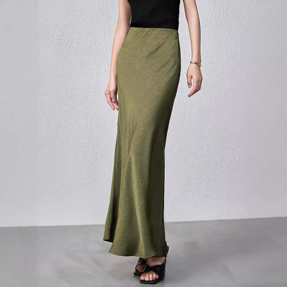 Women Clothing Summer Satin Skirt High Waist Elastic Hand-Held Pattern Long Skirt Elegant Solid Color Long Skirt - Wanita Store