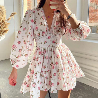 Autumn Winter Women Clothing Street Casual Floral Midi High Waist Slim V neck Dress - Wanita Store