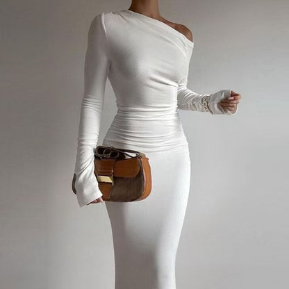 Sexy Women Clothing Sloping-Shoulder off the Shoulder Long Sleeve Slim Fit Pleated Long Socialite Dress - Wanita Store