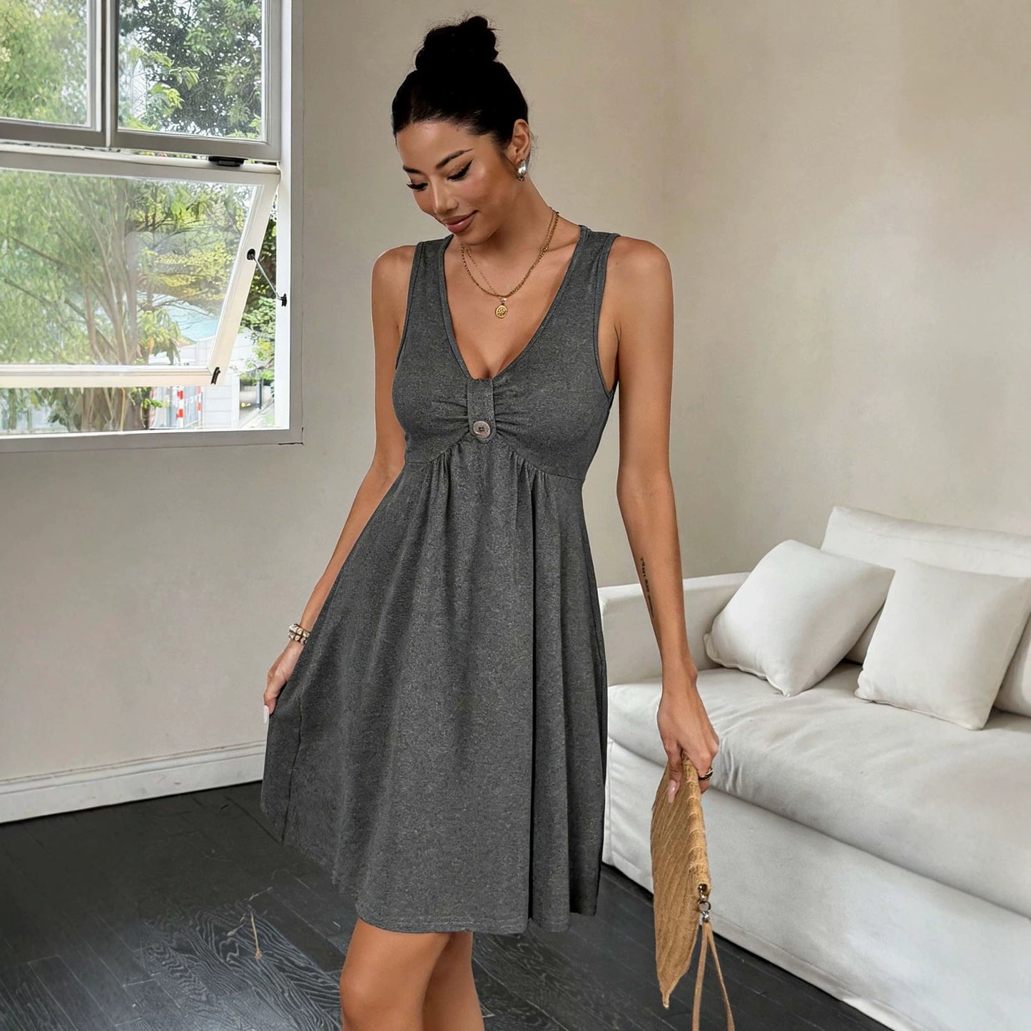 Summer V neck Sleeveless Dress Women Tight Waist Slimming Casual All Match A line Dress