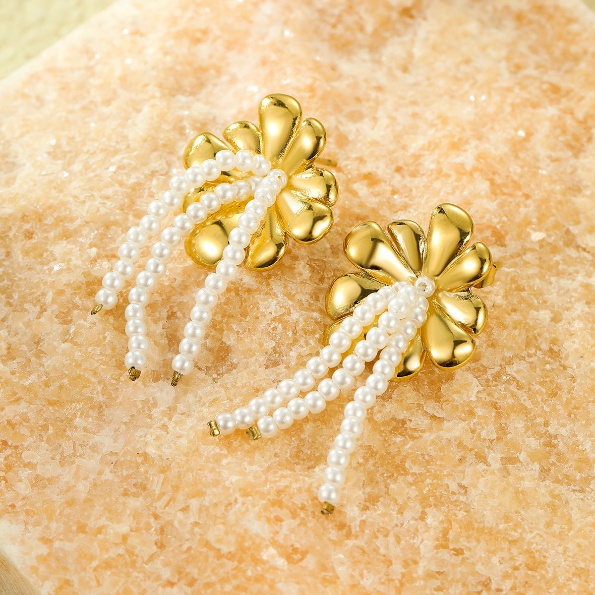 All Match Fashionable Stainless Steel Floral Pearl Tassel Titanium Steel Gold Plated Stud Earrings for Women - Wanita Store