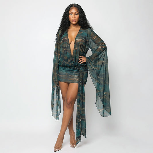 Women Clothing Summer Sexy Mesh Deep V Plunge neck Digital Printing Slim Mini Dress
