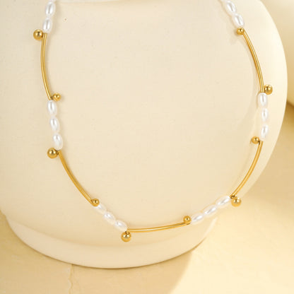 French Hepburn Advanced Baroque Imitation Pearl Necklace Batch Floral Tube Spacer Beads 18K Real Gold Stainless Steel Clavicle Chain - Wanita Store
