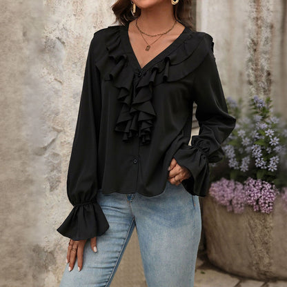 Women Clothing Autumn V neck Ruffled Elegant Shirt for Women