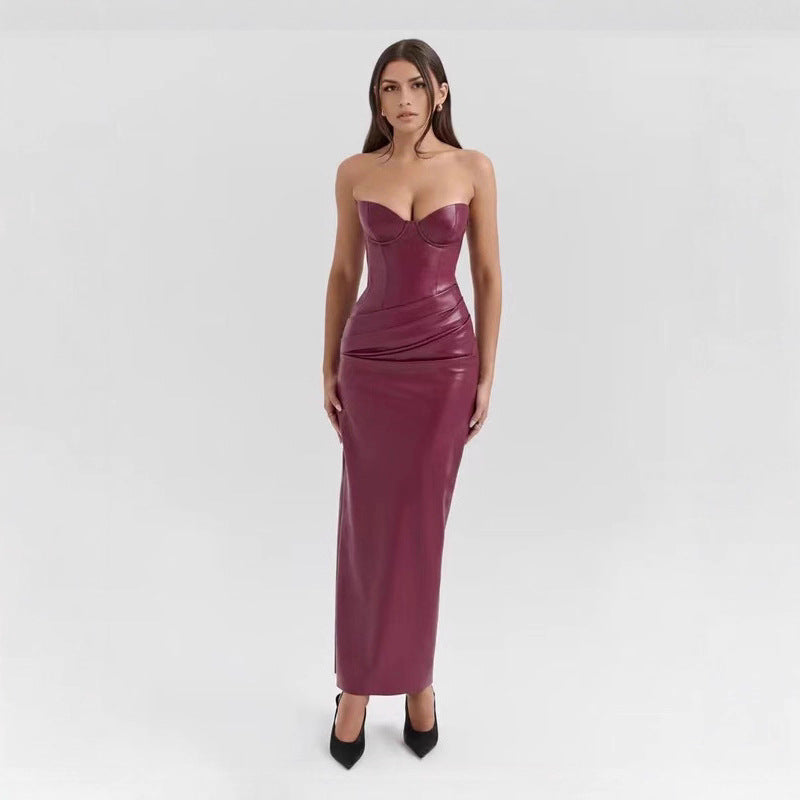 Vestido tubo de cuero sexy con cordones y abertura tipo vaina, vestido largo de noche