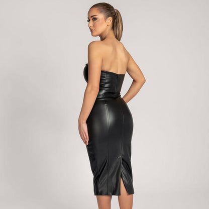 Autumn Winter Solid Color Faux Leather Elegant Slim-Fit Tube Top Back Slit Sexy Midi Dress - Wanita Store
