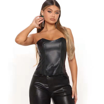 Summer Tube Top Cinched Waist Slim Sexy Women Faux Leather Vest Women Tube Top - Wanita Store