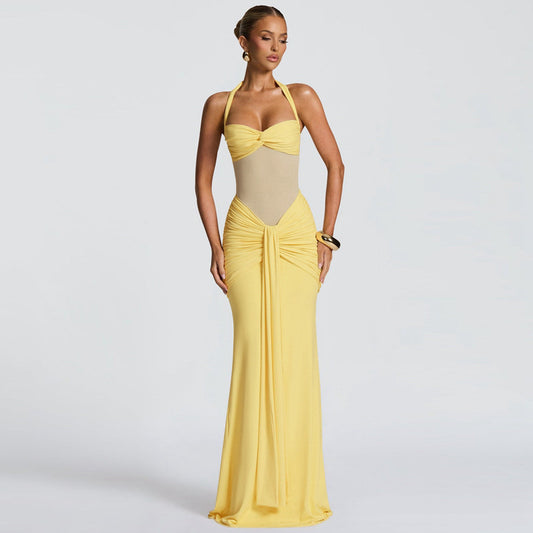 Women Clothing Summer Sexy Tube Top off Neck Mesh Stitching Halter Tied Dress