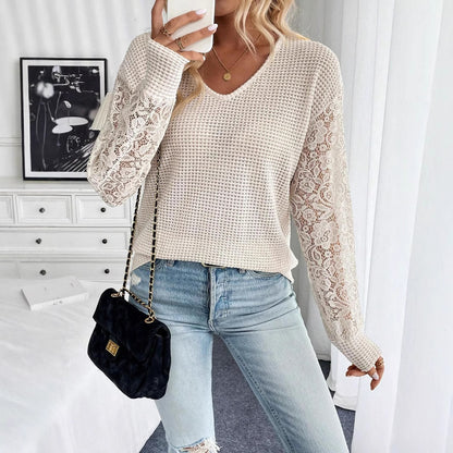 Spring Elegant Women Solid Color V neck Lace Stitching Long Sleeved T shirt Top for Women - Wanita Store