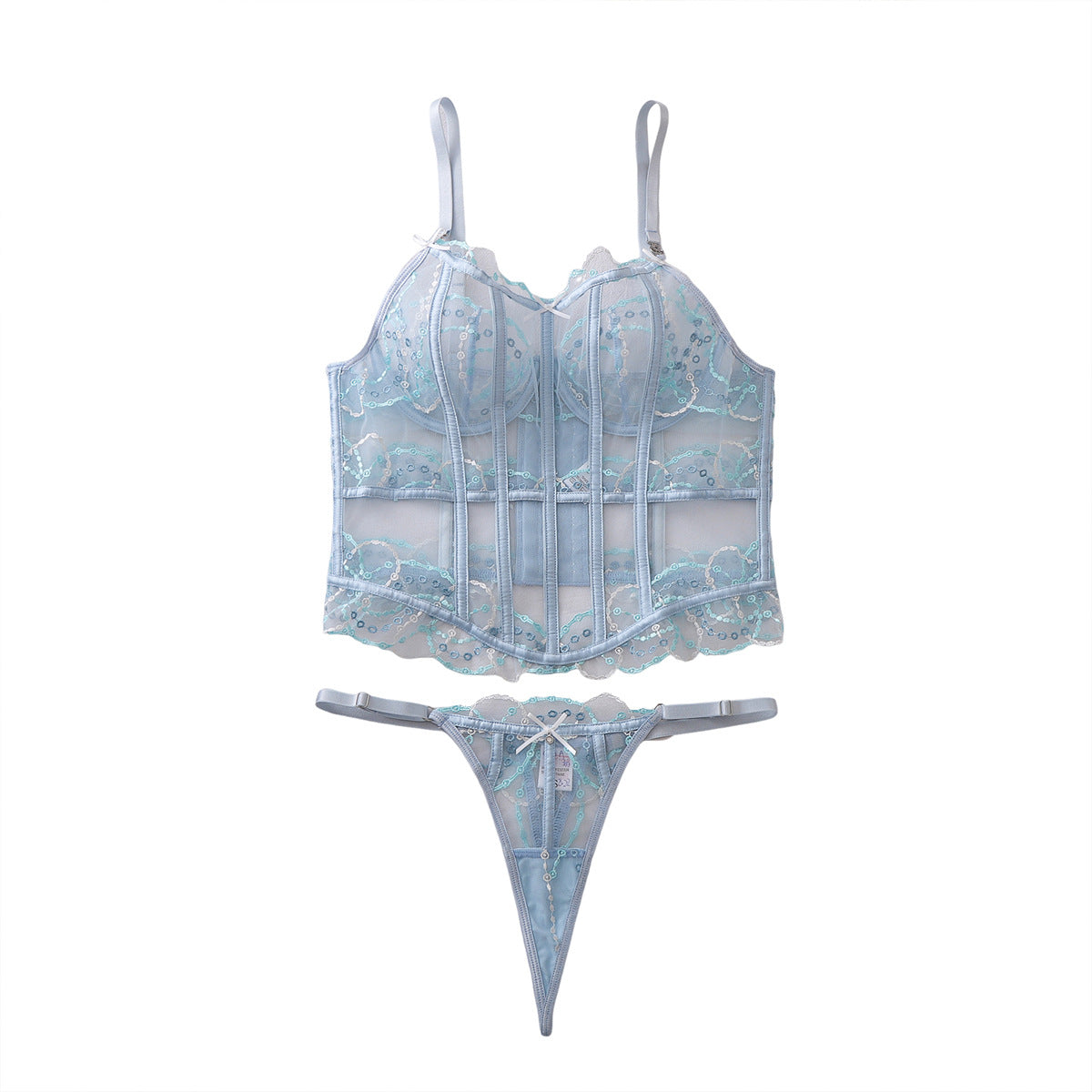 French Entry Lux Embroidery Stitching Mesh See through Hollow Out Cutout Body Shaping Sexy Underwear Split Set