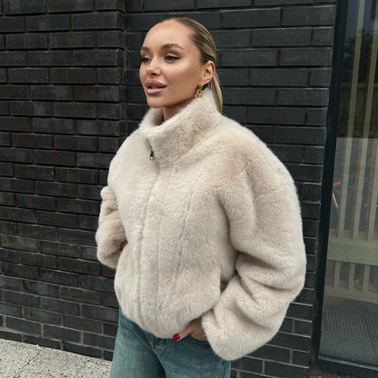 Stand Collar Plush Coat Autumn Winter with Zipper Furry Coat Warm Plush Coat for Women - Wanita Store