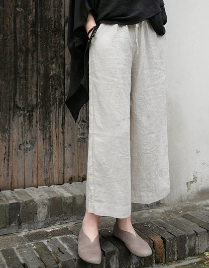 Spring Summer Cotton Linen Women Artistic Washed Lace up Linen Casual Straight Through Cropped Pants Women Cotton Linen Wide Leg Pants - Wanita Store