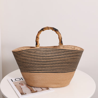 Bamboo Joint Straw Bag Large Capacity Striped Women Bag Woven Tote Hand Carrying Vegetable Basket Bag - Wanita Store