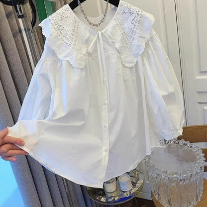 Chemise à manches longues ample et douce à col claudine pour femme