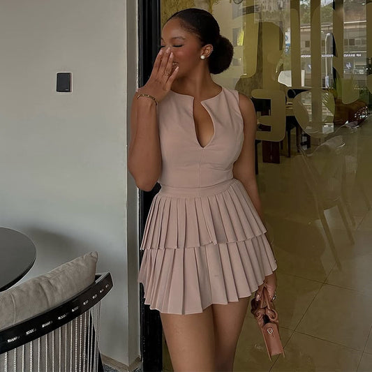 Women Clothing Summer Fresh Sweet V neck High Waist Slimming Pleated A line Dress Short Dress