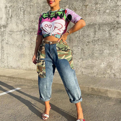 Women Clothing Trendy Denim Camouflage Contrast Color Personality Stickers Bags Straight Pants for Women - Wanita Store