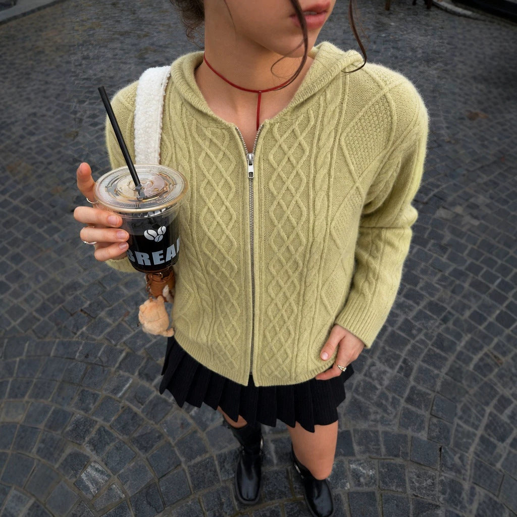 Hooded Zipper Knitted Cardigan Diamond Loose Long Sleeve Hoodie College Autumn Winter Sweater Coat