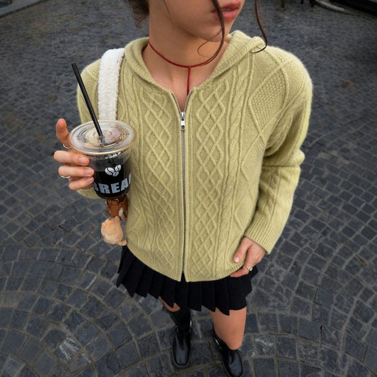 Hooded Zipper Knitted Cardigan Diamond Loose Long Sleeve Hoodie College Autumn Winter Sweater Coat