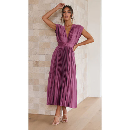 Spring Summer Sexy Pleated Dress Casual Loose Zip Sleeveless Dress - Wanita Store