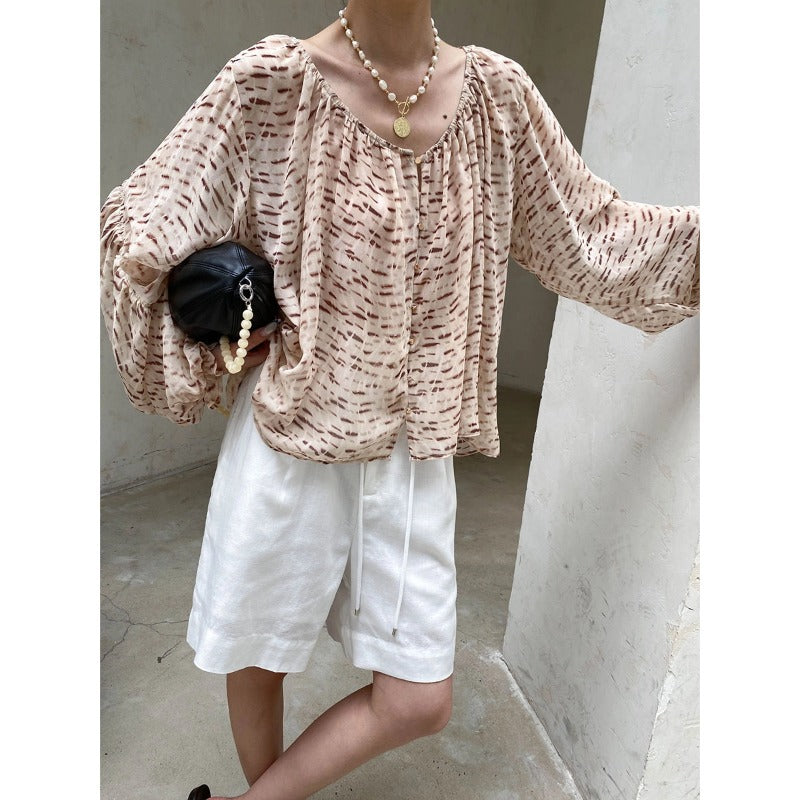 Fashionable Vacation Design Pattern V neck Loose Breathable Lantern Sleeve Shirt