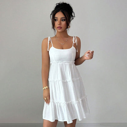 Robe Courte d'Été Femme Française à Volants Élégante Robe à Bretelles Nouées