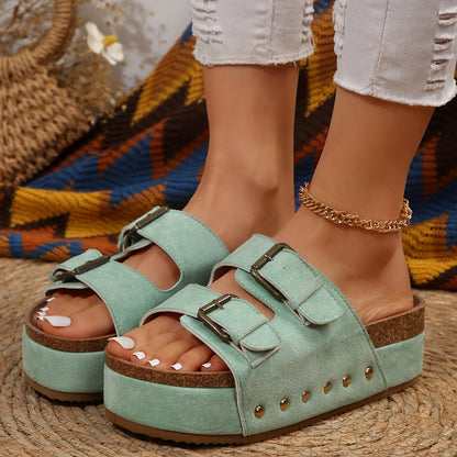 Thick Bottom Boken Rivet Slippers Women Outer Wear Metal Buckle Muffin Bottom Sandals - Wanita Store