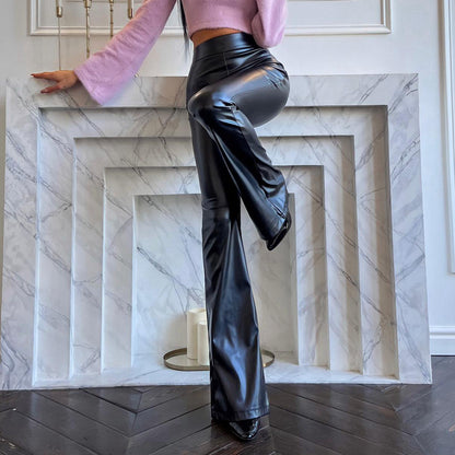Women Clothing Winter High Waist Light Sense Faux Leather Pants Trousers Black Glossy Flared Pants Women Pants - Wanita Store