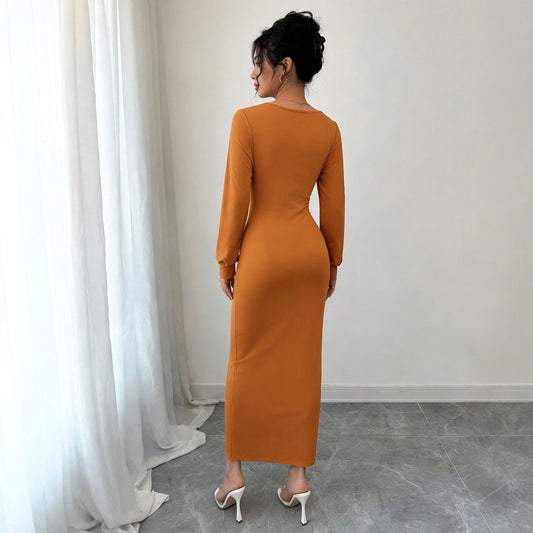 Elegant V Neck Pleating Long Sleeved Dress Waist Cinching Slimming Slit Hip Wrapped Mid Length Dress