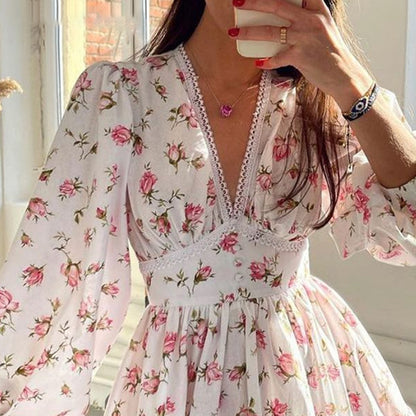 Autumn Winter Women Clothing Street Casual Floral Midi High Waist Slim V neck Dress - Wanita Store