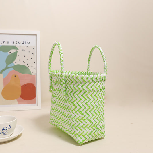 Cute Portable Plastic Woven Bag Fresh Square Straw Bag Vacation Beach Bag All Match Vegetable Basket Bag - Wanita Store