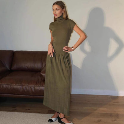 Knitted Dress Casual Waist Tight High Neck Ribbing Pleated Slim Knitted Dress Women - Wanita Store