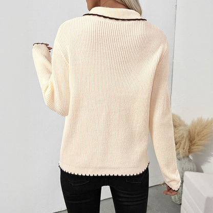 Sweet Chanel Bow Lace up Turn down Collar Trim Contrast Color Sweater Women Cardigan - Wanita Store