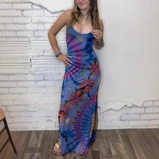 Sexy Slim Printed Backless Self Tie Slit Dress Women