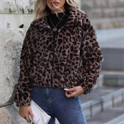 Flash Velvet Women Clothing Autumn Winter Loose Zip Long Sleeve Leopard Print Plush Coat - Wanita Store
