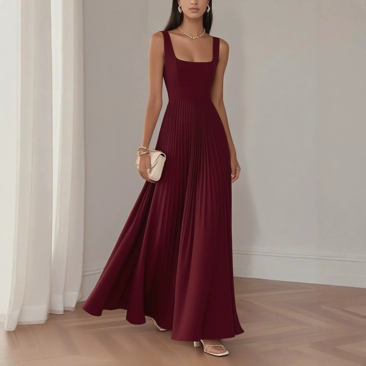 Women Clothing I Dress Elegant Pleated Maxi Dress Elegant Slim Sleeveless Dress
