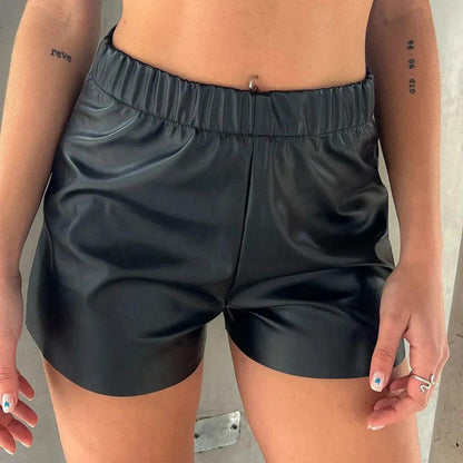 Women Clothing Solid Color Waist Tight Faux Leather Shorts Leather Pants Women Pants - Wanita Store
